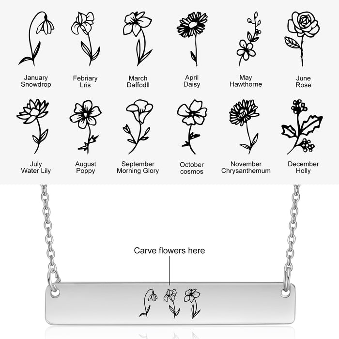 Personalized Birth Flower Engraving Bar Pendant Necklace Geometric Custom Necklace Birthday Gift for Mother