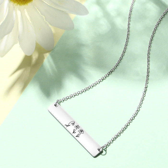 Personalized Birth Flower Engraving Bar Pendant Necklace Geometric Custom Necklace Birthday Gift for Mother