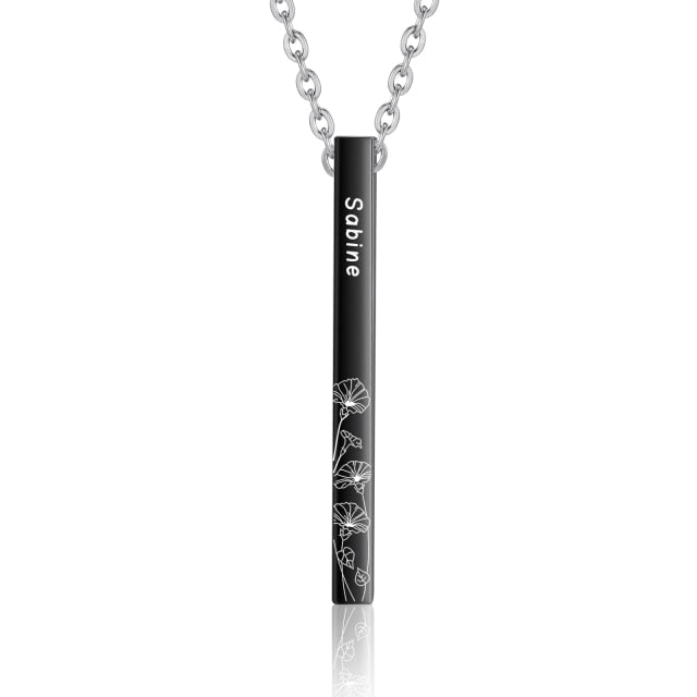 Personalized 4 Side Name Engraved Birth Month Flower Pendant Custom Steel Black Gold Color Stainless Steel Vertical Bar Necklace