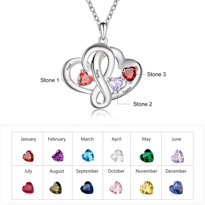 Personalized Family Necklace with 3 Heart Birthstone Customized Engraved Name Pendant Necklaces for Women Mother Gift