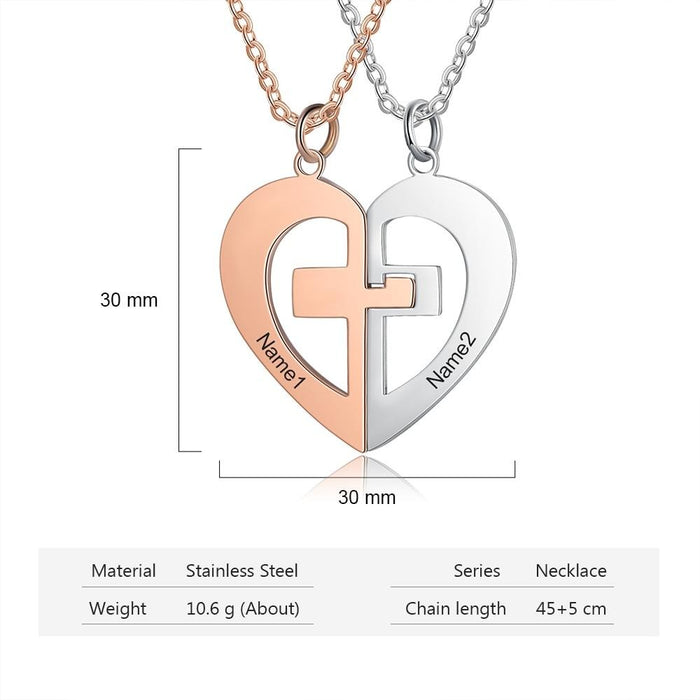 Rose Gold Silver Color Heart Couple Pendant Personalized Name Engraving Cross BFF Necklace Anniversary Gift for Women