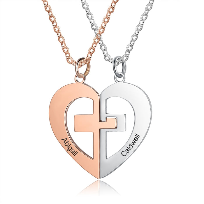 Rose Gold Silver Color Heart Couple Pendant Personalized Name Engraving Cross BFF Necklace Anniversary Gift for Women