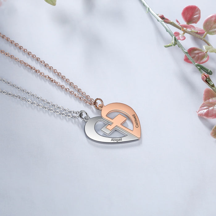 Rose Gold Silver Color Heart Couple Pendant Personalized Name Engraving Cross BFF Necklace Anniversary Gift for Women