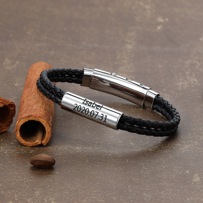 Name Bar Bracelets for Men Black Brown Leather Customized Engraved Bracelets & Bangles Gift for Fathers