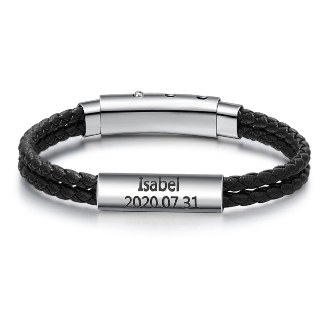 Name Bar Bracelets for Men Black Brown Leather Customized Engraved Bracelets & Bangles Gift for Fathers