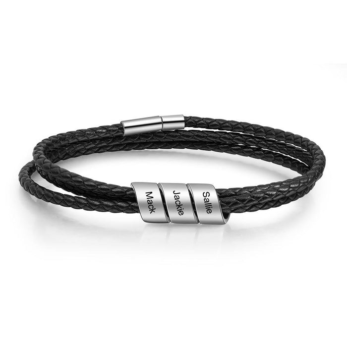 3 Name Beads Engraved Bracelets for Men Vintage Customized Black Leather Bracelets & Bangles Fathers Gift