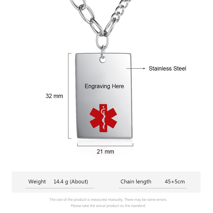 Personalized Engraving Emergency Medical Alert ID Necklace Customized Rectangle Stainless Steel Pendants for Men and Women Jewelry