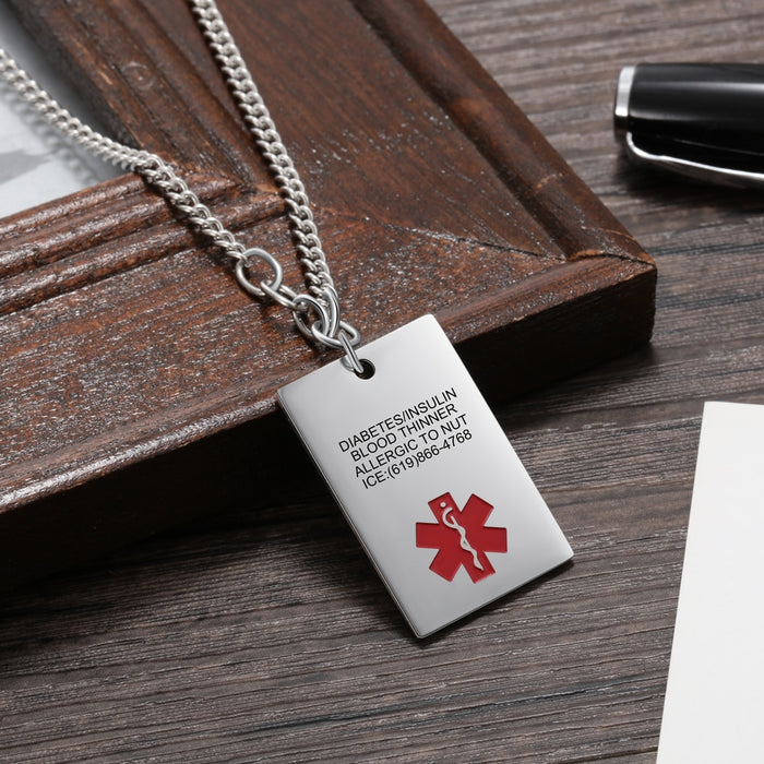 Personalized Engraving Emergency Medical Alert ID Necklace Customized Rectangle Stainless Steel Pendants for Men and Women Jewelry