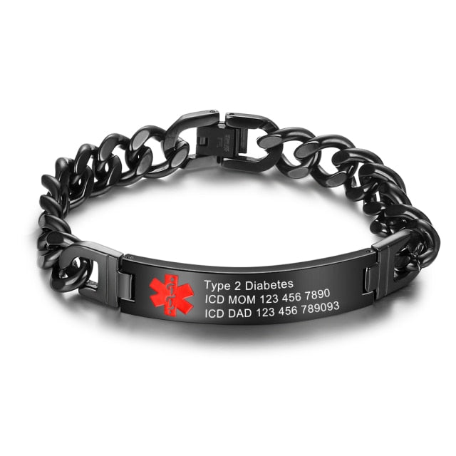 Personalized Free Engraving Emergency Medical Bracelets for Men 3 Colors Stainless Steel Link Chain Alert ID Bracelets & Bangles