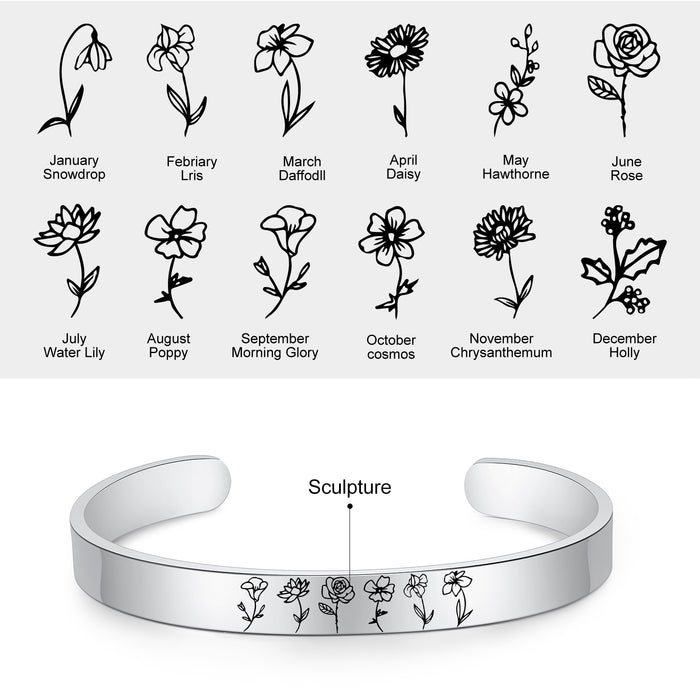 Birth Flower Cuff Bangles for Women Stainless Steel Customized Birth Month Bracelets Gifts for Girlfriend