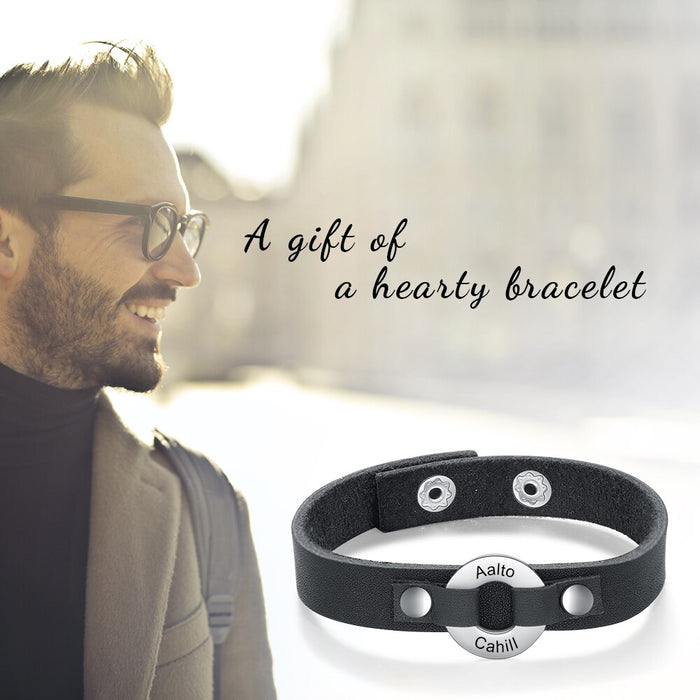 Circle Bracelet for Men Vintage Customized Black Leather Men Bracelet Gift for Father / Boyfriend