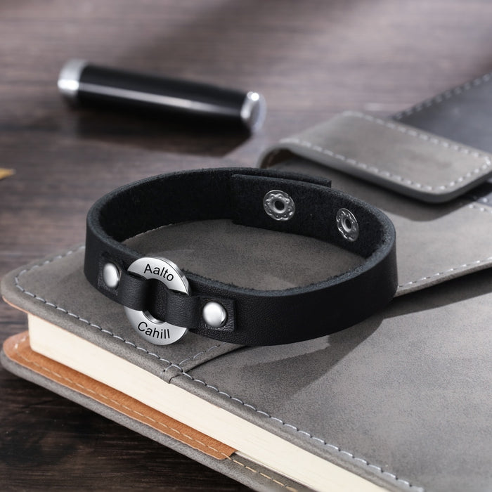 Circle Bracelet for Men Vintage Customized Black Leather Men Bracelet Gift for Father / Boyfriend